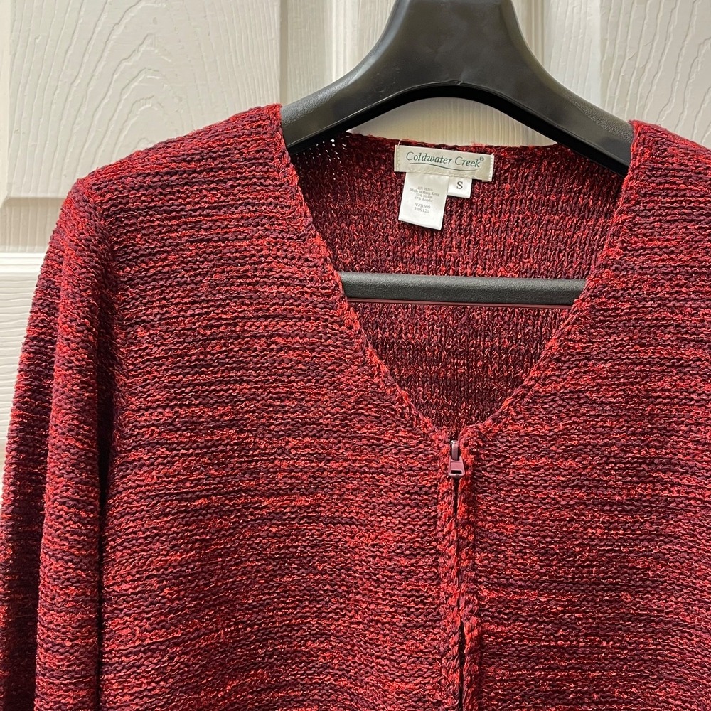 Coldwater Creek Women's Small Red Zip Front Cardigan Nylon Blend Metallic V-Neck